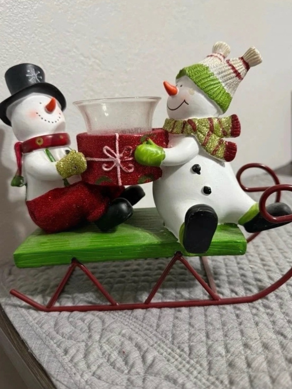Source Unknown Red & Green Snowman Sled Candle Holder